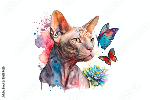 cat canadian sphynx with butterflies painted with watercolors isolated on a white background. AI generated © Fotograf