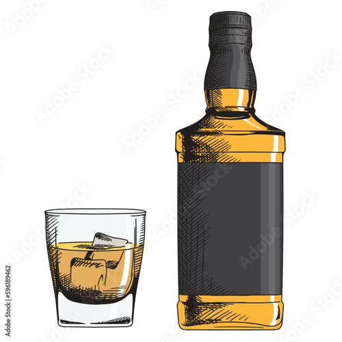 A glass of whiskey with ice and a bottle with a label. Vector hand drawn color illustration