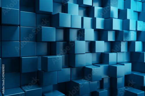 Smooth, modern wall with textured squares. Blue, 3D blocks make up tiled wallpaper. Rendered. Generative AI