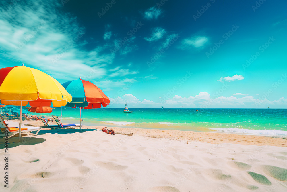 Hot summer sunny day on the beach on the hot sand on the seashore. Sea trip, umbrellas, summer resorts. Illustration, Generative AI.