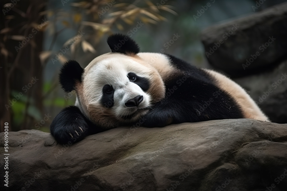 Naklejka premium Cute panda sleeping on the stone. generative AI