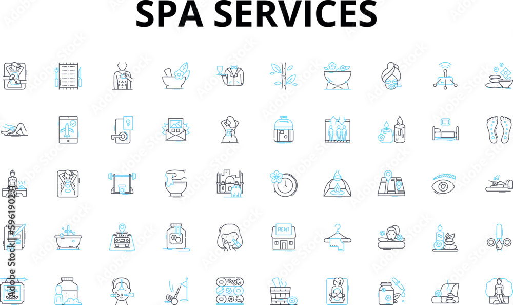 Spa services linear icons set. Relaxation, Massage, Aromatherapy, Facials, Manicure, Pedicure, Hot st vector symbols and line concept signs. Nails,Therapy,Reflexology illustration