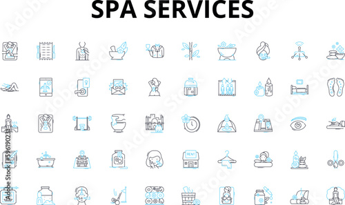 Spa services linear icons set. Relaxation, Massage, Aromatherapy, Facials, Manicure, Pedicure, Hot st vector symbols and line concept signs. Nails,Therapy,Reflexology illustration