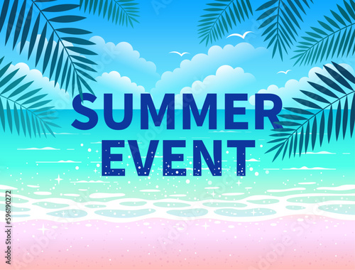 Summer Beach Event Template Banner. Vector illustration of a tropical island resort in a refreshing sea with blue sea, palm trees and waves.