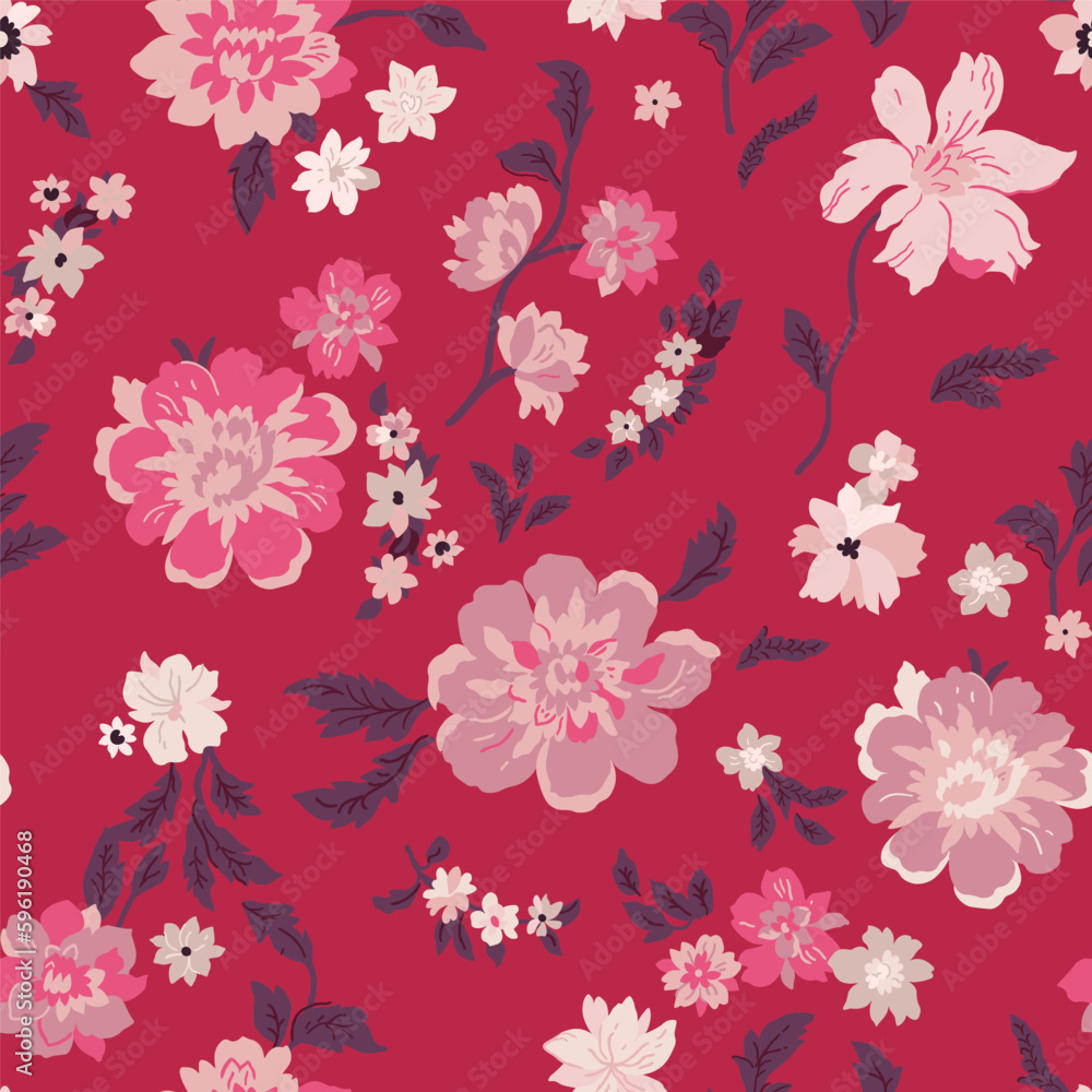 Seamless floral pattern with pink and pale pink peonies on a burgundy background, handmade.