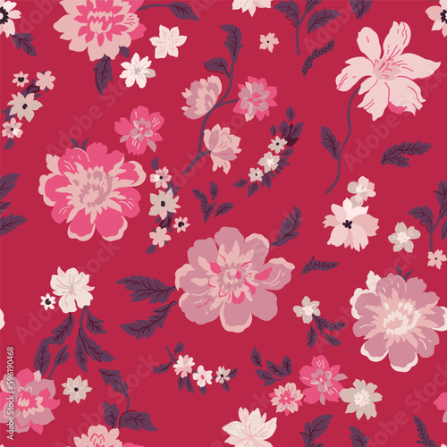 Seamless floral pattern with pink and pale pink peonies on a burgundy background  handmade.