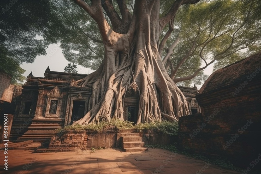 Ancient pagoda temple surrounded by huge banyan tree roots, located in ...