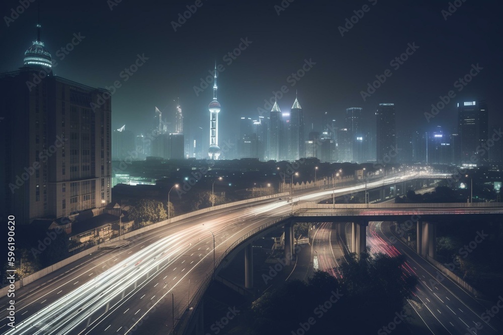 Night scene of Shanghai with a bridge and skyline over an asphalt road. Generative AI