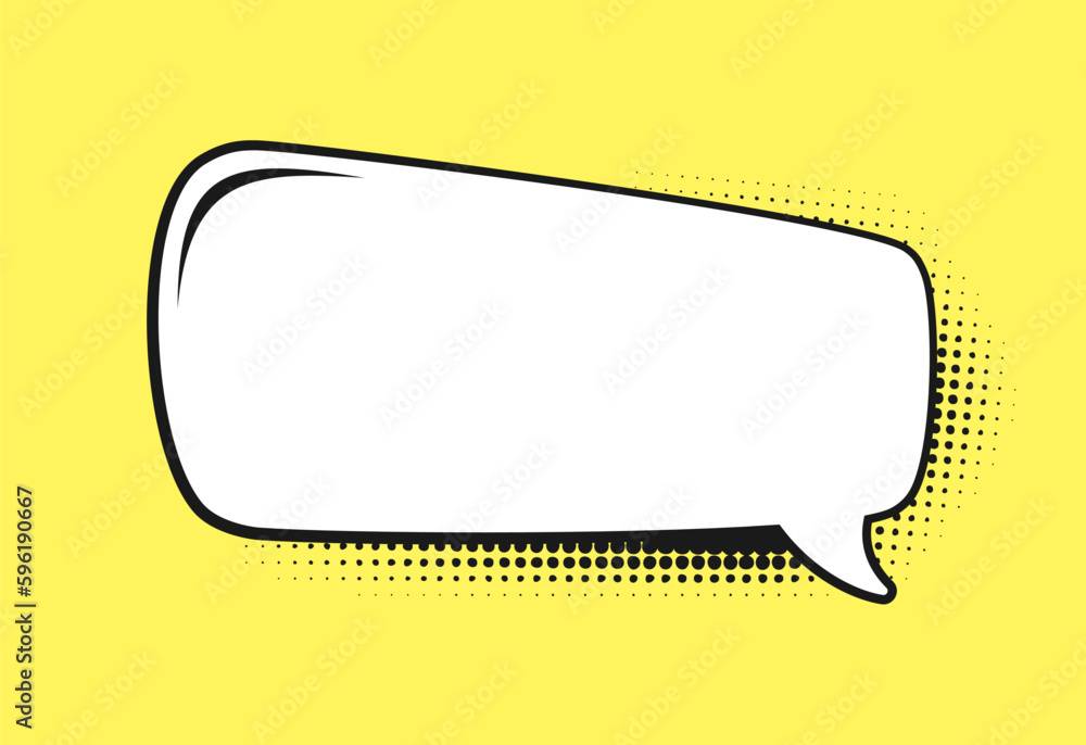 Retro blank comic speech bubble with black halftone shadows. Vector illustration text frame border, vintage design, pop art style Retro blank comic speech bubble with black halftone shadows. Vector illustration text frame border, vintage design, pop art style