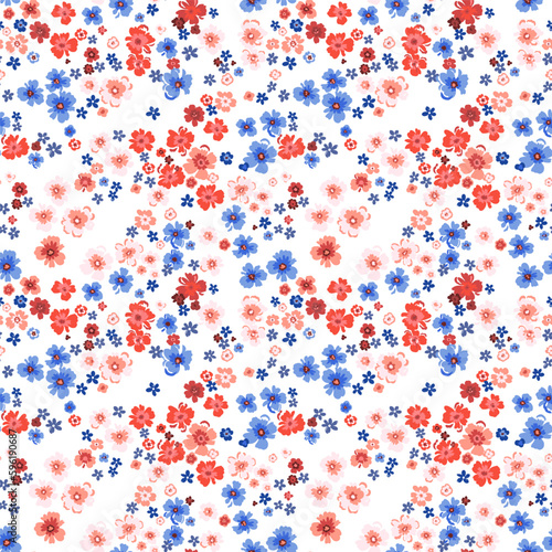 Seamless pattern. Vector floral design with cute wildflowers on a white background. An illustration of spring nature in bright red and blue tones.