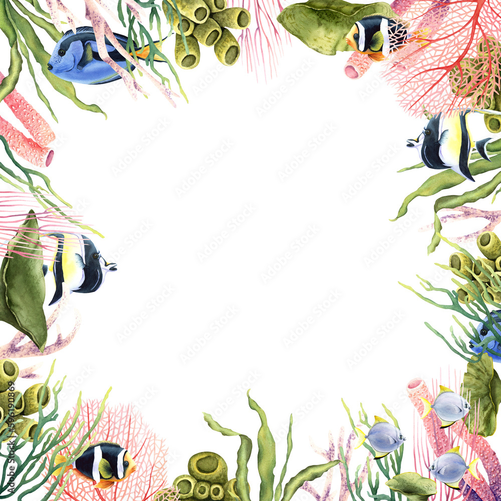 Fish Head Border Frame border with underwater corals, plants and tropical fish. Hand ...