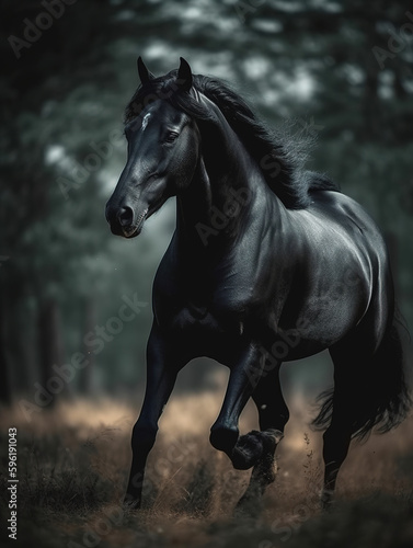 Black horse running, outdoor background. 