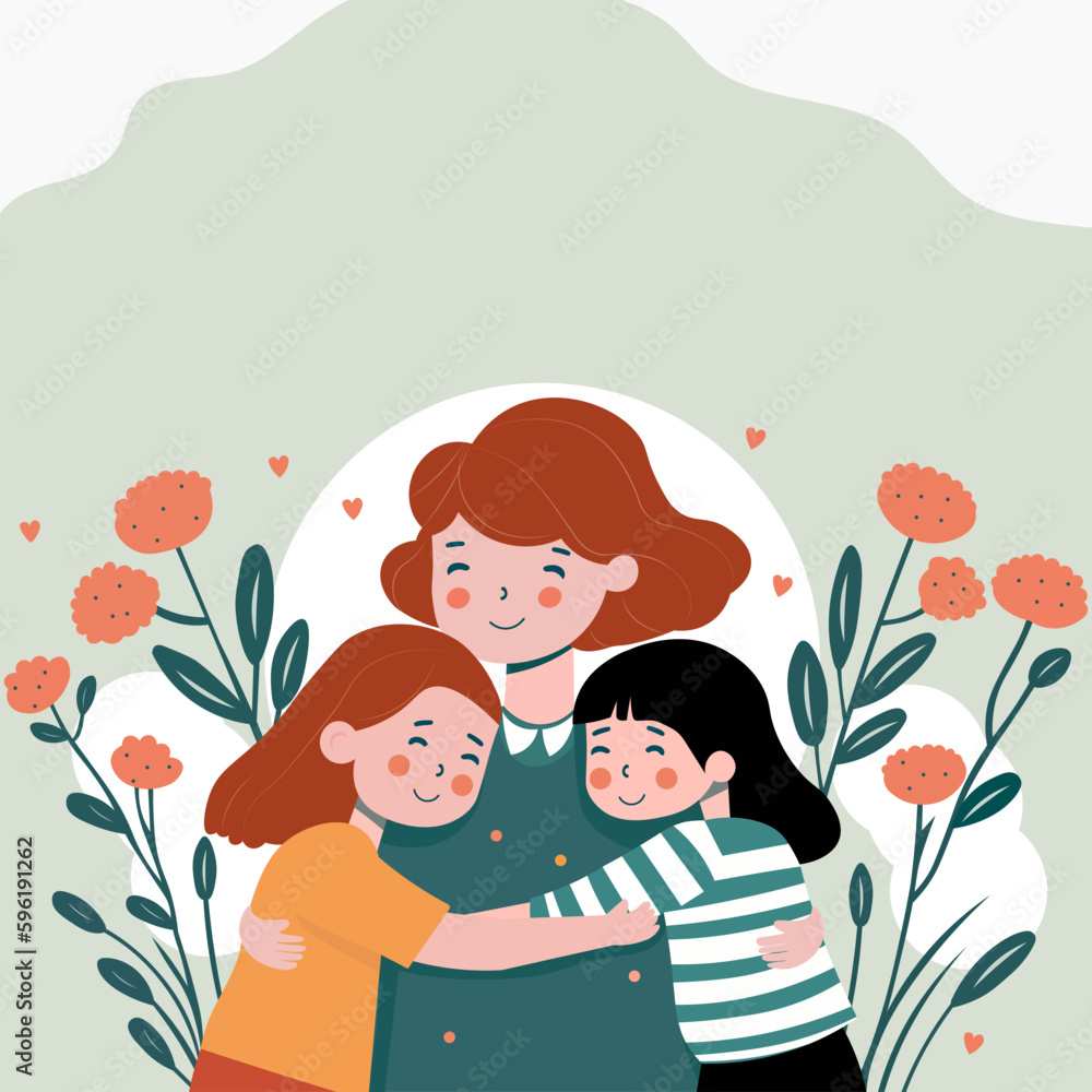 Young Woman Character Hugging Cute Girls On Floral Decorated Background And Copy Space. Happy Teachers Day Concept. Young Woman Character Hugging Cute Girls On Floral Decorated Background And Copy Space. Happy Teachers Day Concept.