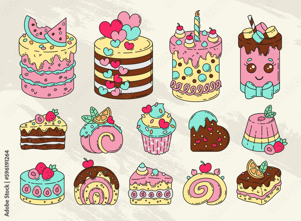Set of cakes and pastries. Vector illustration Set of cakes and pastries. Vector illustration