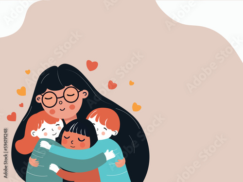 Young Girl Character Hugging Her Cute Kids With Hearts And Copy Space. Happy Teachers Day Concept.
