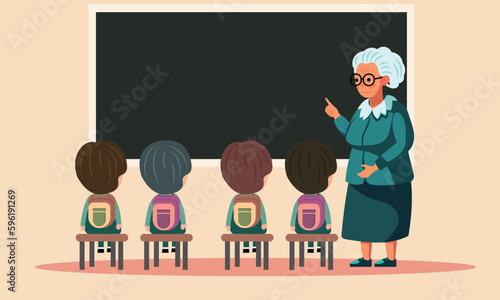 Elderly Female Teacher Character Giving Instructions To Her Students In Front of Empty Blackboard In Classroom. Happy Teachers Day Concept. Happy Teachers Day Concept.