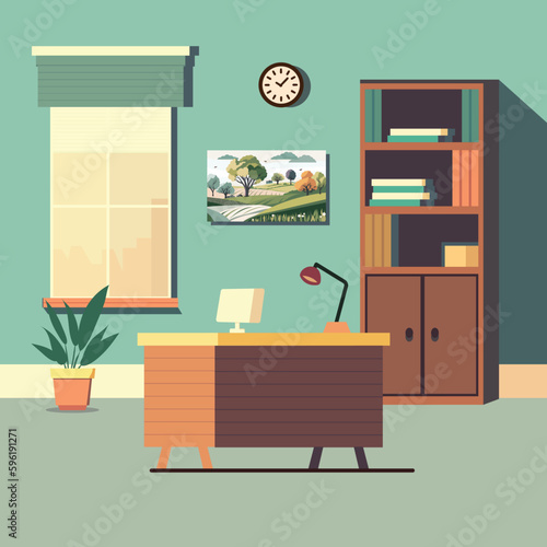 Vector Illustration of Workplace Desk With Book Shelves, Plant Pot, Wall Clock, Nature Landscape Scenery And Roller Window In Study Room or Office Interior.