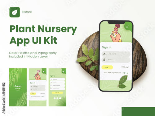 Plant Nursery Application Splash Screens Including Like As Sign In, Sign Up for Mobile App and Responsive Website.