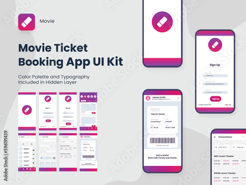 Movie Ticket Booking App UI Kit Including Account Sign In, Sign Up, Booking and Service Type Review Screens for Mobile Application.
