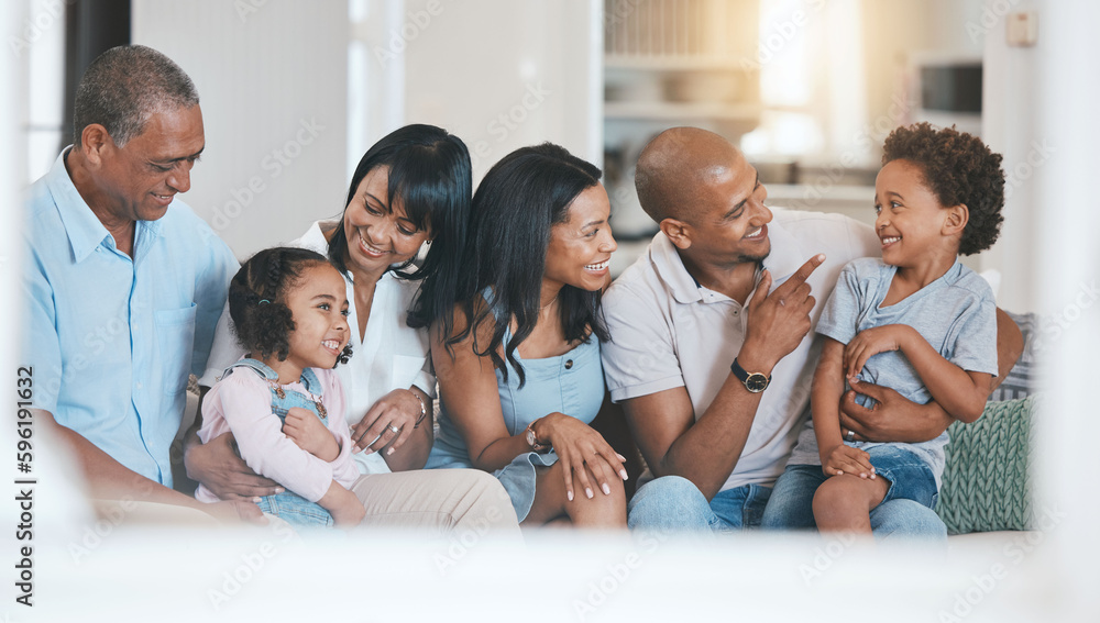 Fototapeta premium Relax, big family and smile in home on sofa in living room, bonding or having fun. Grandparents, parents and happiness of children on couch, care or enjoying quality time together in lounge in house.