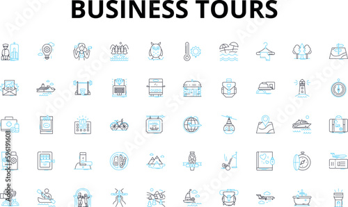Business tours linear icons set. Nerking, Exploration, Development, Collaboration, Growth, Opportunity, Expansion vector symbols and line concept signs. Strategy,Innovation,Advancement illustration
