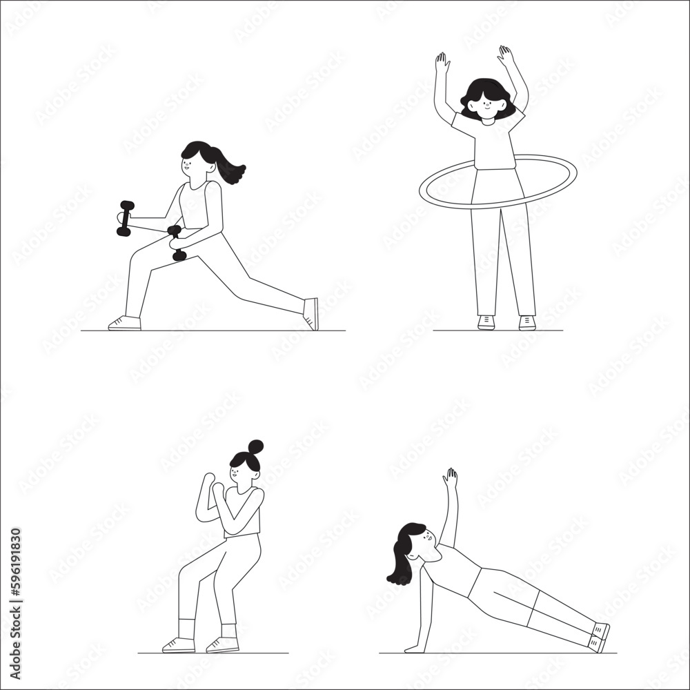 Vector illustration black and white lifestyle of young women exercising and taking care of body shape lifting dumbbells, hula hoop and yoga. Health care concept