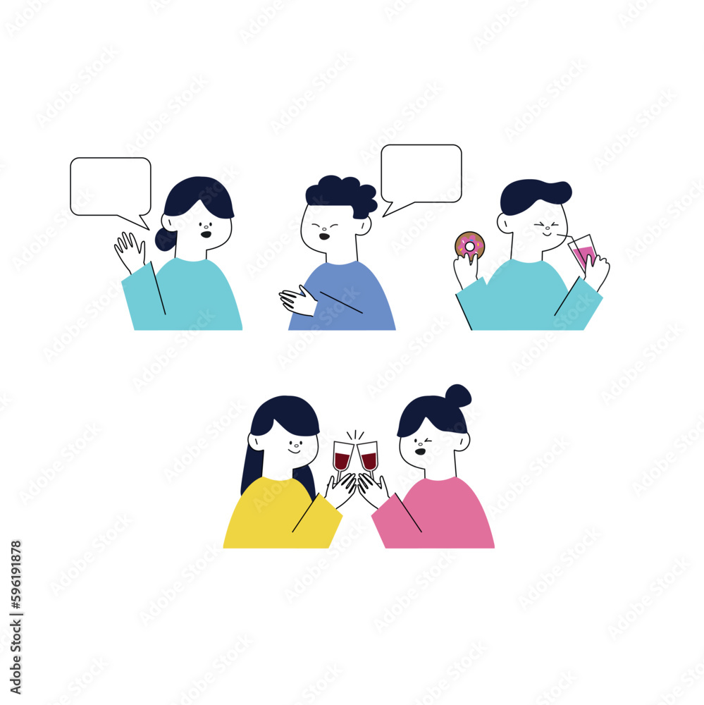 Cartoon characters of men and women talking happily. A little boy drinking water and enjoy eating donuts. Two teenage girls clinking glasses of wine at a party. Daily routine vector illustration Cartoon characters of men and women talking happily. A little boy drinking water and enjoy eating donuts. Two teenage girls clinking glasses of wine at a party. Daily routine vector illustration