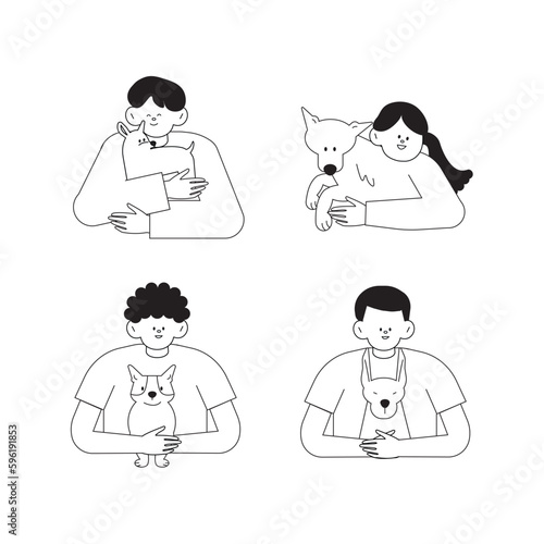 People love own pets vector illustration set. Happy young man and woman hugging animal friends, pet owner characters holding cute dog in hands. Dog lover concept