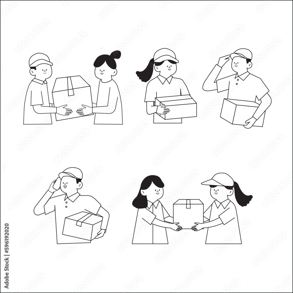Black and white cartoon vector illustration set of delivery workers delivering products to customers. Delivery service concept Black and white cartoon vector illustration set of delivery workers delivering products to customers. Delivery service concept