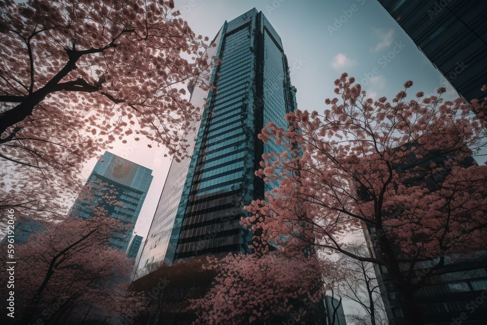 Cherry blossoms bloom amid Tokyo's skyscrapers. Generative AI