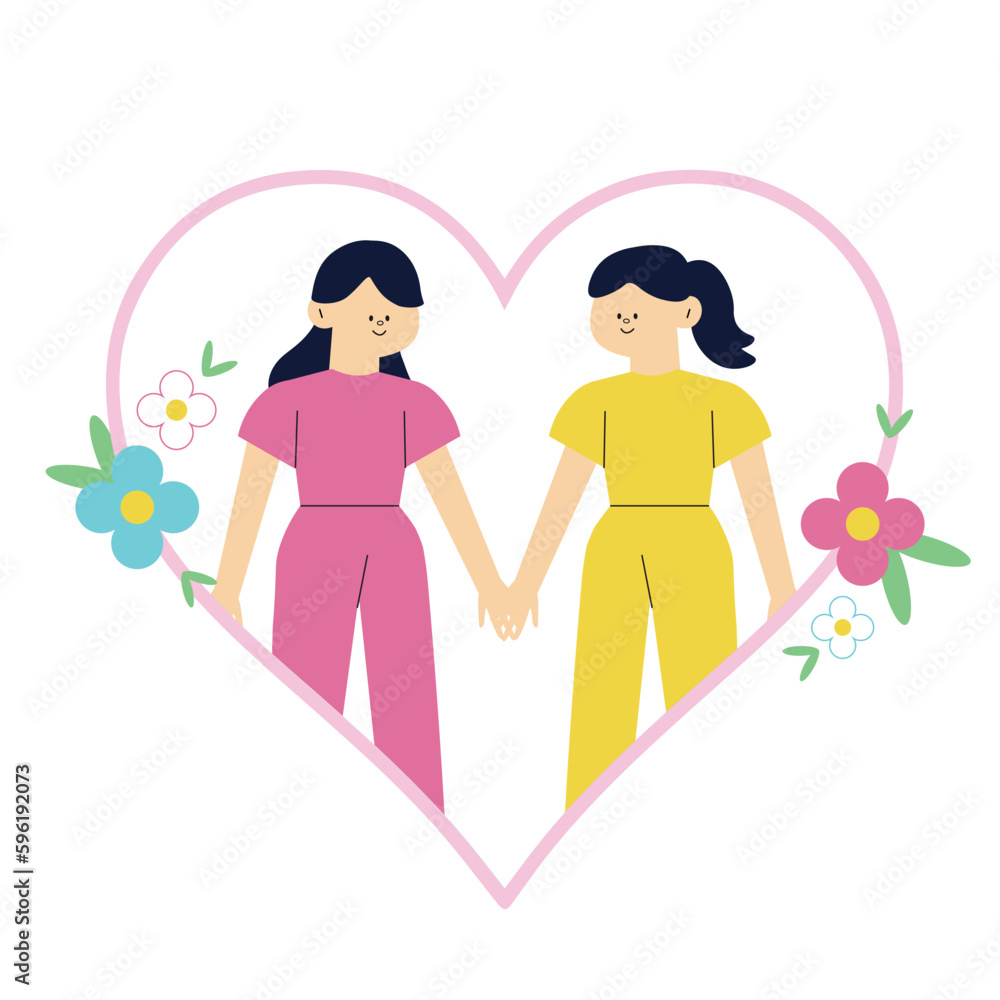 Vector illustration. Happy Women's Day greeting card, A lesbian couple holding hands together, Strong women supporting each other