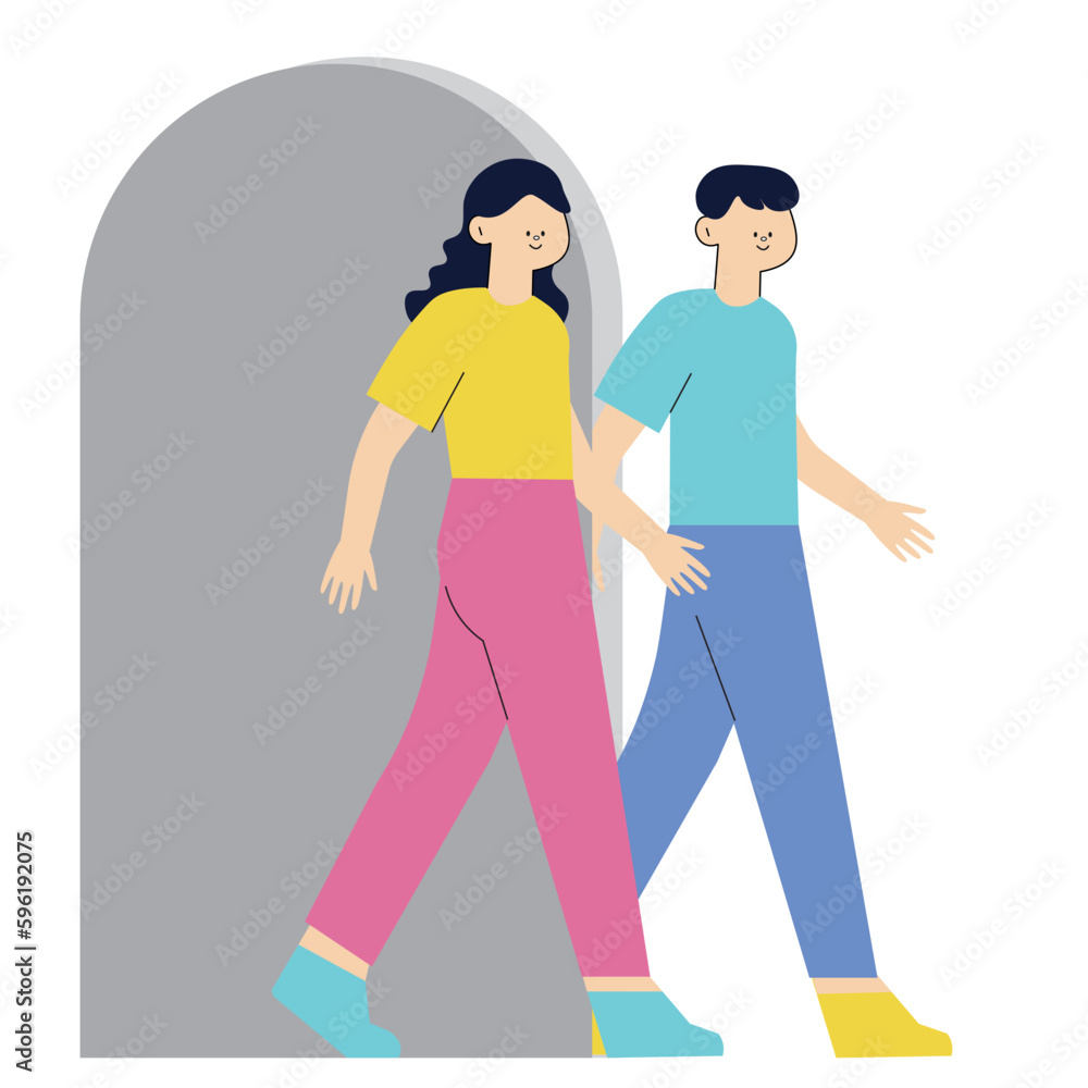 Cartoon vector illustration. Happy young people couple walking together