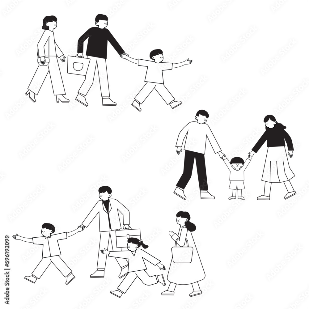 Parent and child relationship, communication concept. Fathers, mothers supporting and take care to kids. Happy family, mother father daughter son holding hands. Cartoon characters vector illustration Parent and child relationship, communication concept. Fathers, mothers supporting and take care to kids. Happy family, mother father daughter son holding hands. Cartoon characters vector illustration