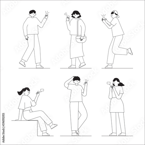 Black and white cartoon vector illustration set of Happy young people holding smartphone typing and texting messages, chatting on social media. Smartphone addiction concept