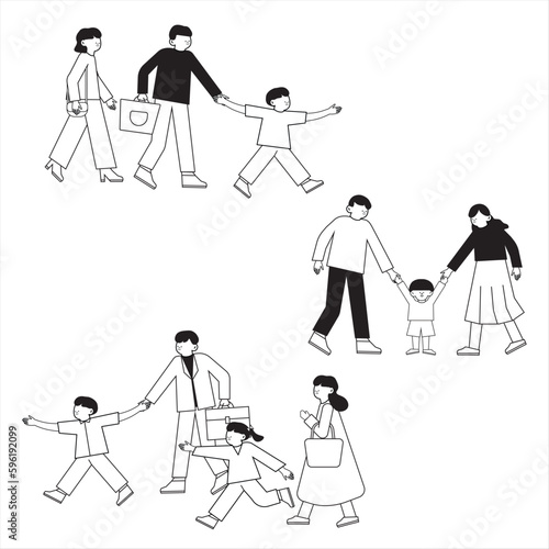 Parent and child relationship  communication concept. Fathers  mothers supporting and take care to kids. Happy family  mother father daughter son holding hands. Cartoon characters vector illustration