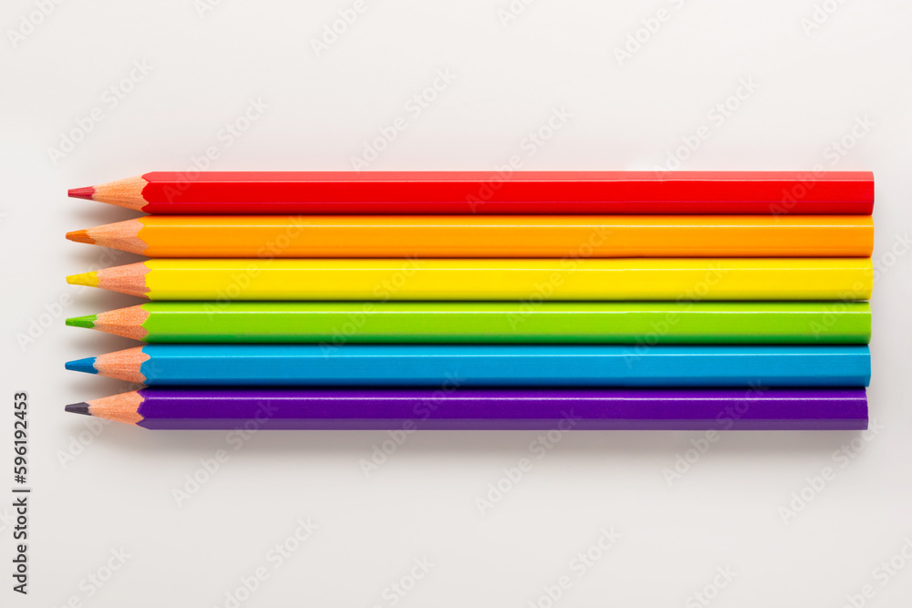 top view of concept gay culture symbol with pencils like rainbow, sign gay LGBT community, close up top view of concept gay culture symbol with pencils like rainbow, sign gay LGBT community, close up