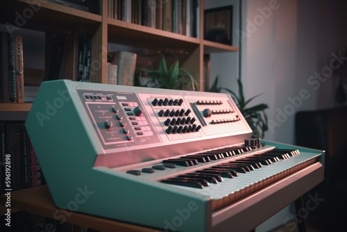 Cute 80s-style synthesizer in modern pastel colors, generating electronic audio. Generative AI