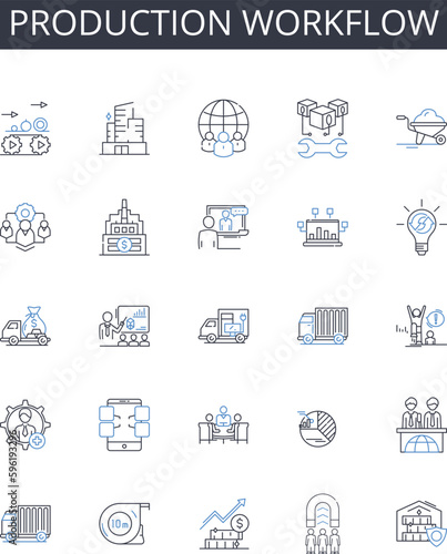Production workflow line icons collection. Exports, Imports, Tariffs, Partnerships, Importers, Distributors, Global vector and linear illustration. Free trade,Protectionism,Agreements outline signs