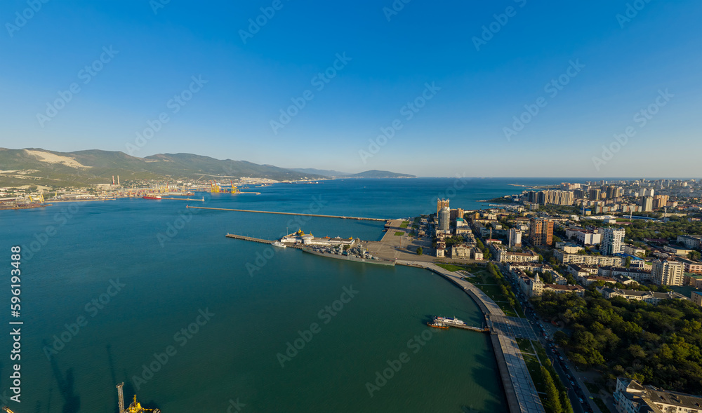 Novorossiysk, Russia - September 16, 2020: Central part of the city. Port in the Novorossiysk Bay. Aerial view