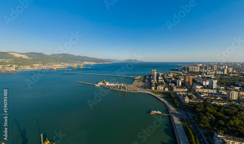 Novorossiysk, Russia - September 16, 2020: Central part of the city. Port in the Novorossiysk Bay. Aerial view