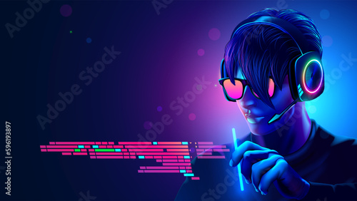 Programmer in headset coding programm text in VR interface. Software Developer of computer code. Code in programming environment. Futuristic computer technology concept. Man work in glasses, headset.