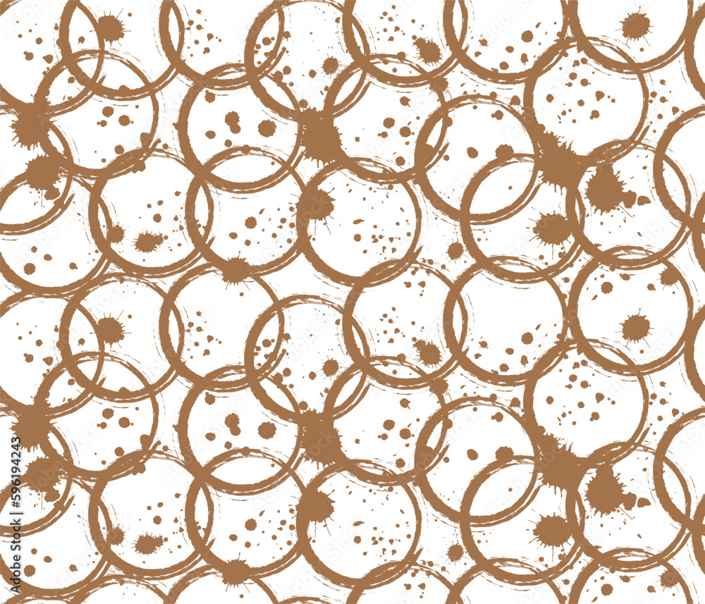 Naklejka premium Coffee rings seamless pattern with coffee drops and splashes, vector
