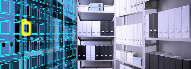 Digital archive. One of storage racks covered folder icons and toned in blue symbolizing keeping information digitally