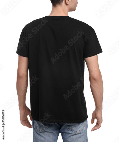 Young man wearing black t-shirt on white background, back view