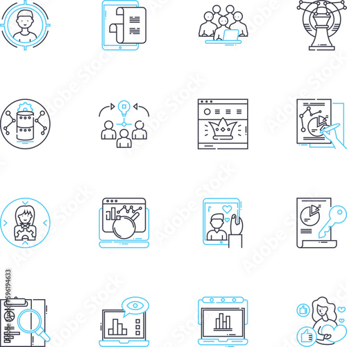 Publicity and exposure linear icons set. Visibility, Outreach, Publicity, Branding, Buzz, Fame, Recognition line vector and concept signs. Exposure,Attention,Advertorial outline illustrations