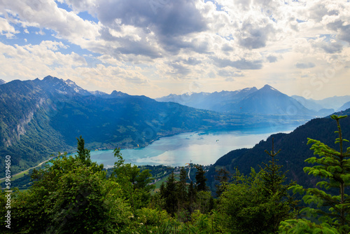 Breathtaking aerial view of Lake Thun and Swiss Alps from Harder Kulm viewpoint  Switzerland