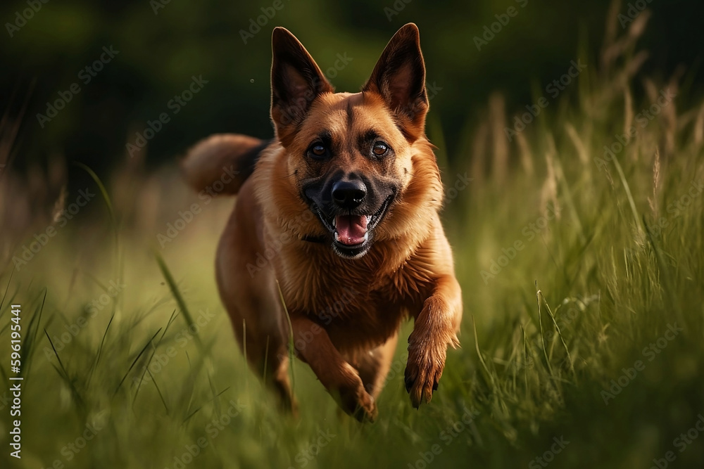 Naklejka premium Happy Dog Running in a Meadow - Close Up Shot of a Cute and Playful Pet Enjoying the Outdoors
