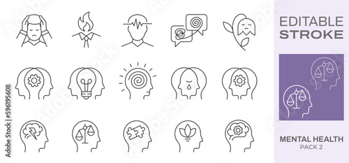 Mental health icons, such as charity, anxiety, therapy, panic attack and more. Editable stroke.