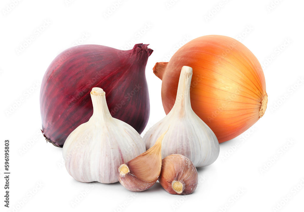 Fototapeta premium Onions, garlic bulbs and cloves on white background