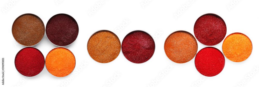 Many different powdered food coloring isolated on white, top view Many different powdered food coloring isolated on white, top view